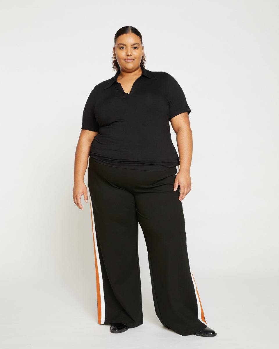 Stephanie Wide Leg Stripe Ponte Pants 33 Inch - Black with Ochre/White Stripe Zoom image 0