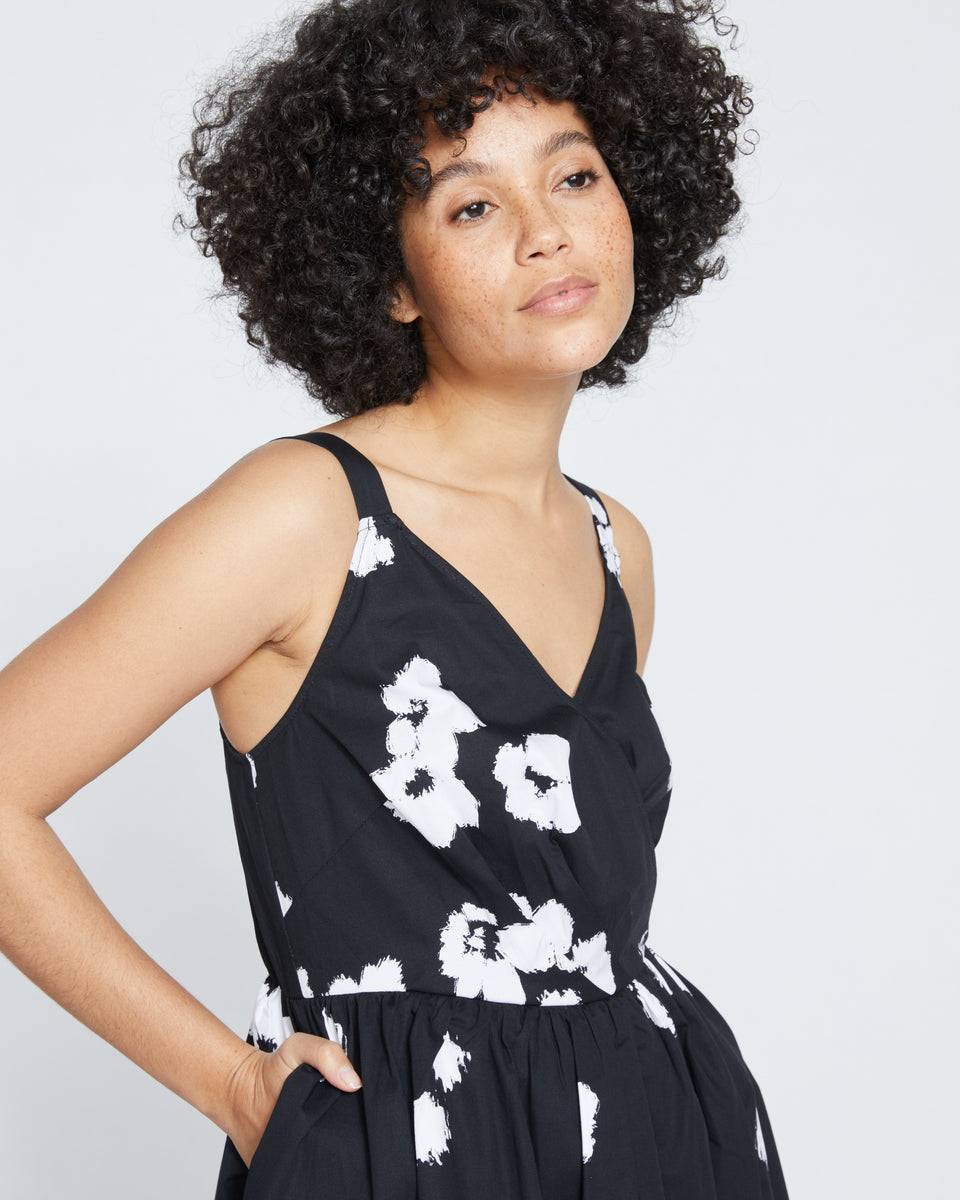 Bellport Sateen Crossover Dress - Black With Painted Flowers Zoom image 1