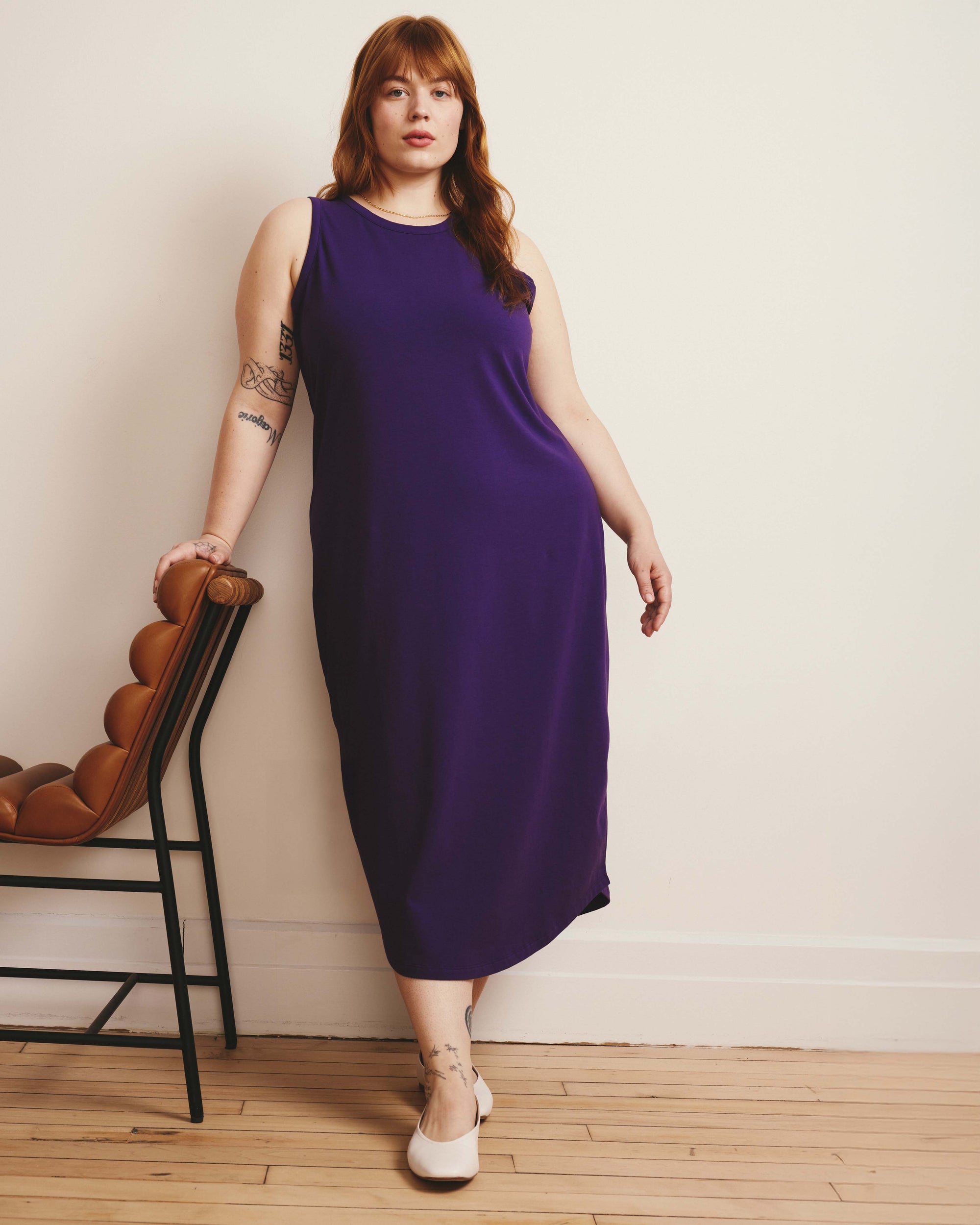 Woman wearing Cai High Neck Tank Dress - Deep Purple from Final Few