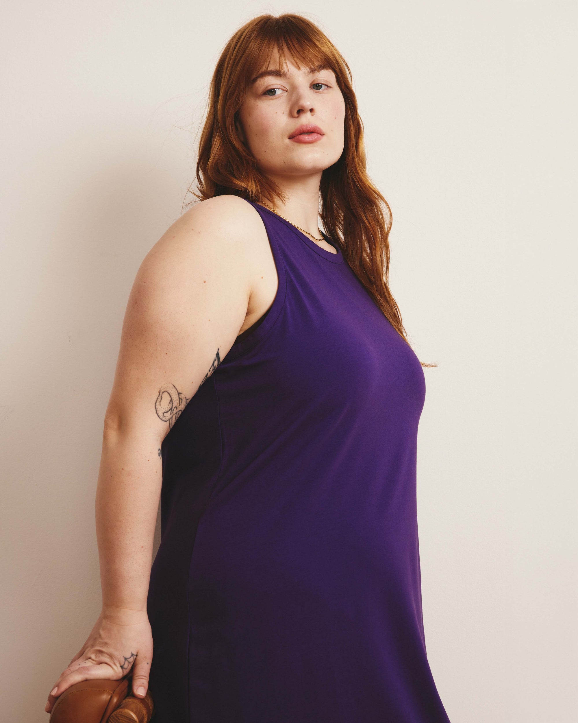 Woman wearing Cai High Neck Tank Dress - Deep Purple from Final Few