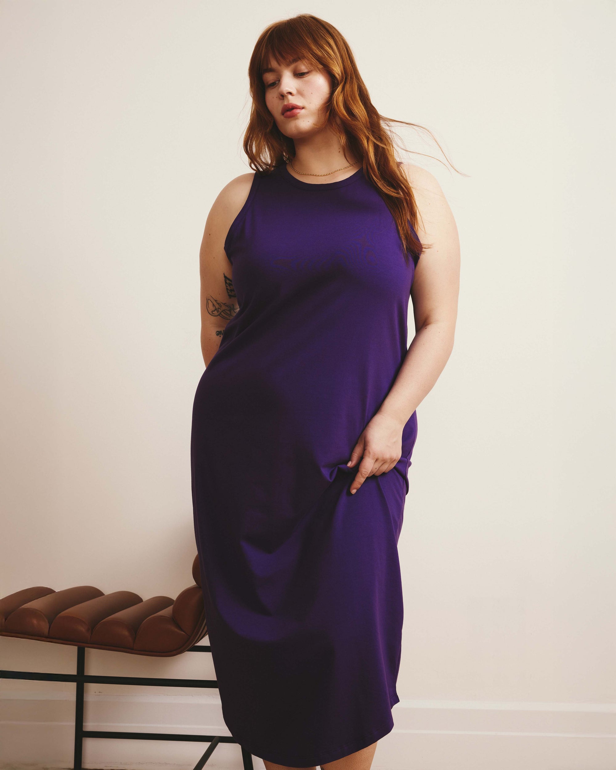 Woman wearing Cai High Neck Tank Dress - Deep Purple from Final Few