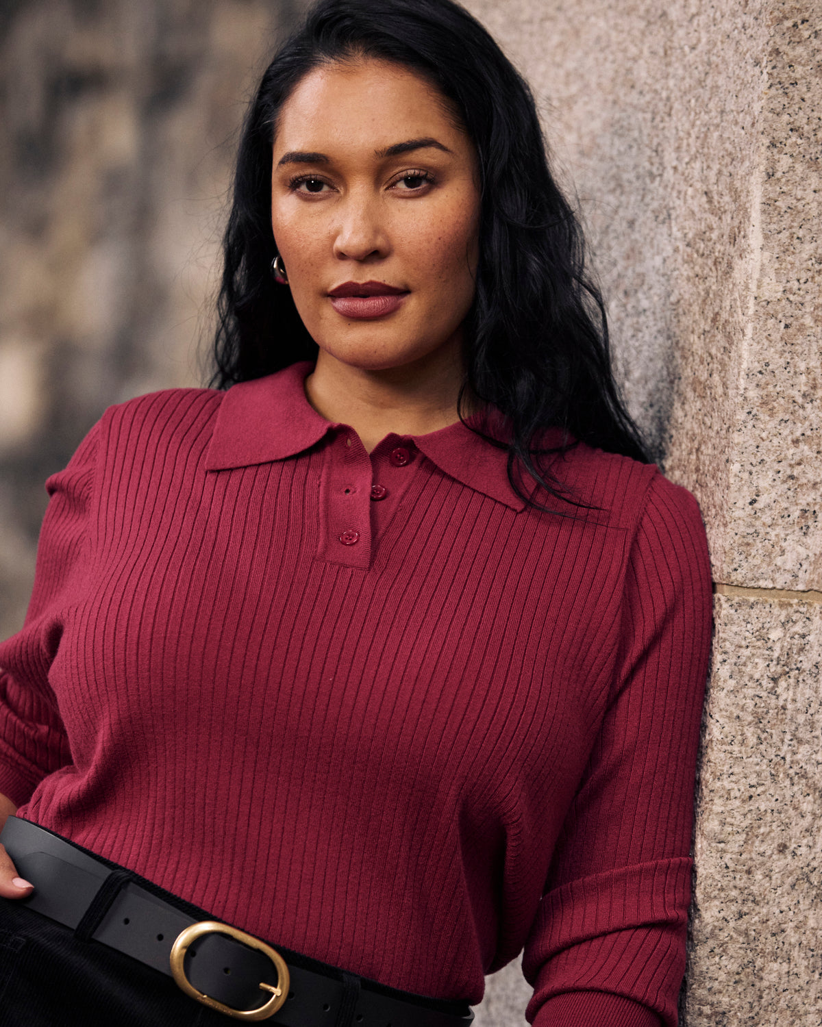 Savvy Fine Ribbed Polo Sweater - Red Plum