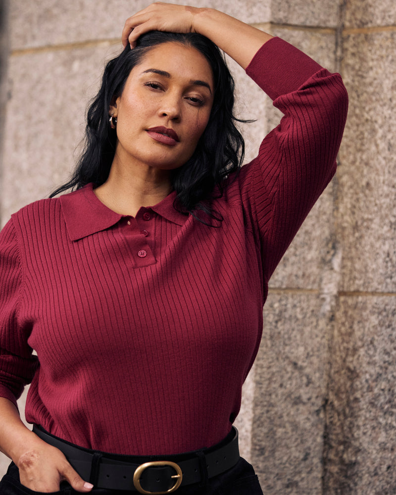 Savvy Fine Ribbed Polo Sweater - Red Plum