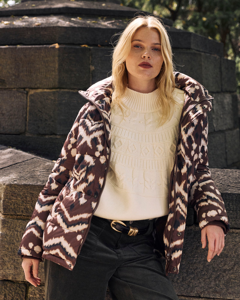 Rainier Short Hooded Puffer - Chocolate Ikat Print | Plus Size & Straight Size Women's Fashion | Universal Standard