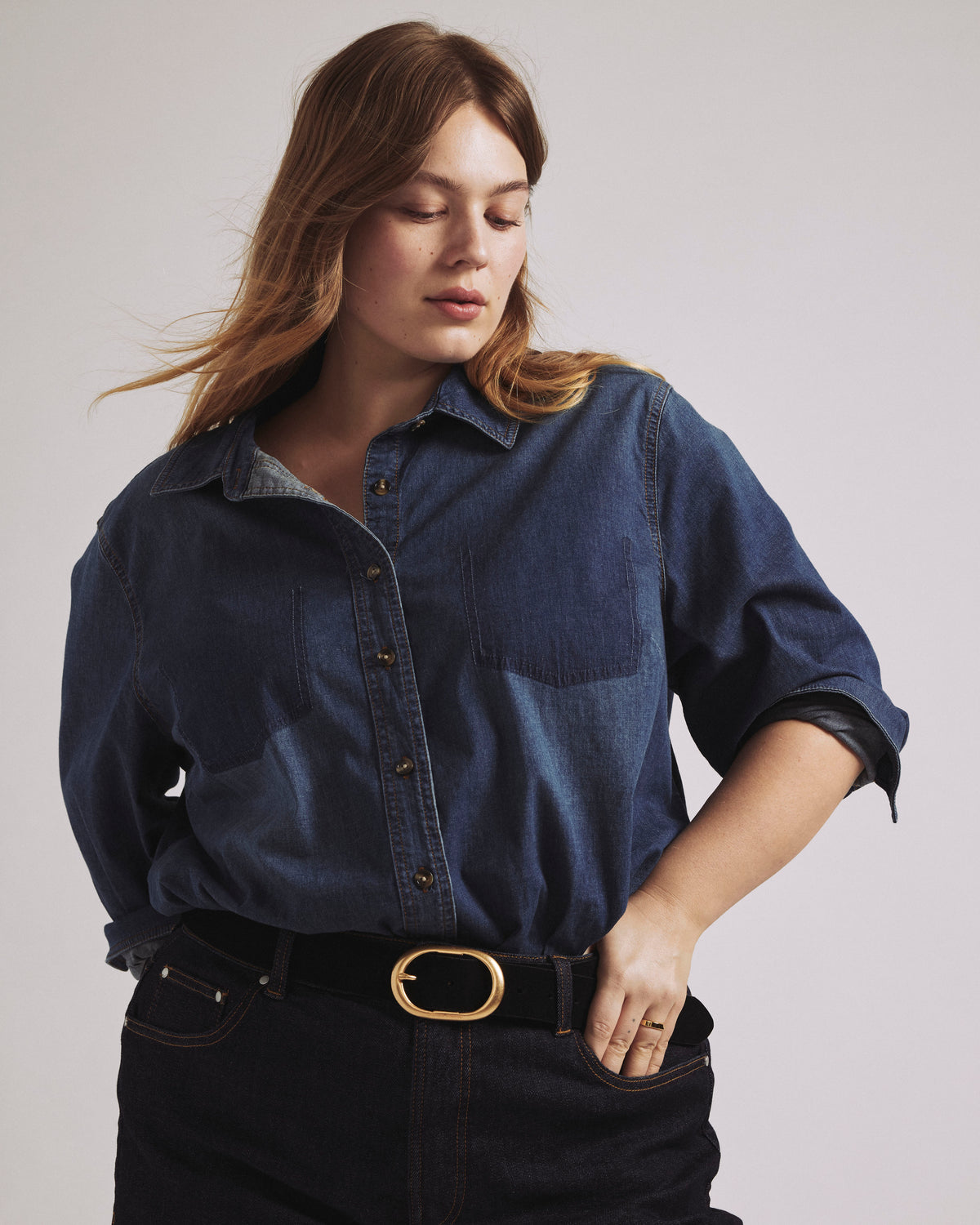 Minimalist Stretch Cotton Chambray Shirt - Woodstock Indigo | Plus Size & Straight Size Women's Fashion | Universal Standard