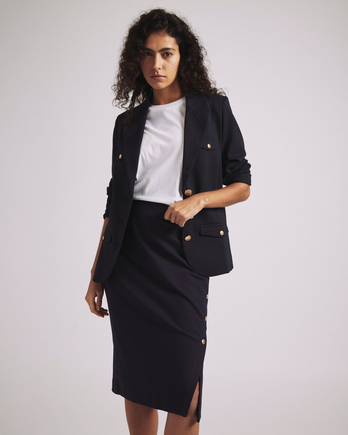 Anya Uniform Ponte Skirt - Navy with Gold Buttons | Plus Size & Straight Size Women's Fashion | Universal Standard