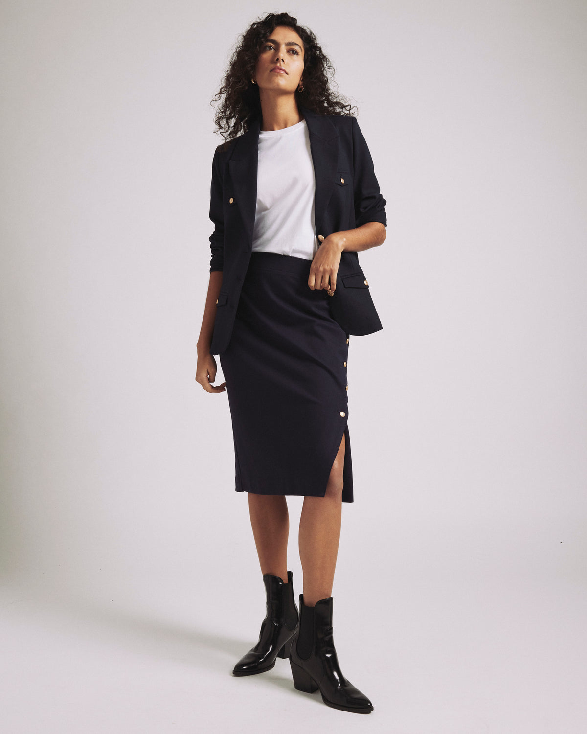Anya Uniform Ponte Skirt - Navy with Gold Buttons | Plus Size & Straight Size Women's Fashion | Universal Standard
