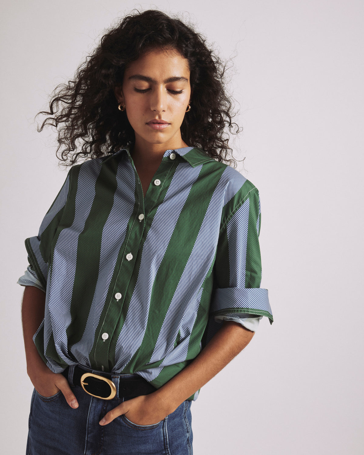 Henning x US Madison Shirt - Green/Blue Directional Stripe | Plus Size & Straight Size Women's Fashion | Universal Standard