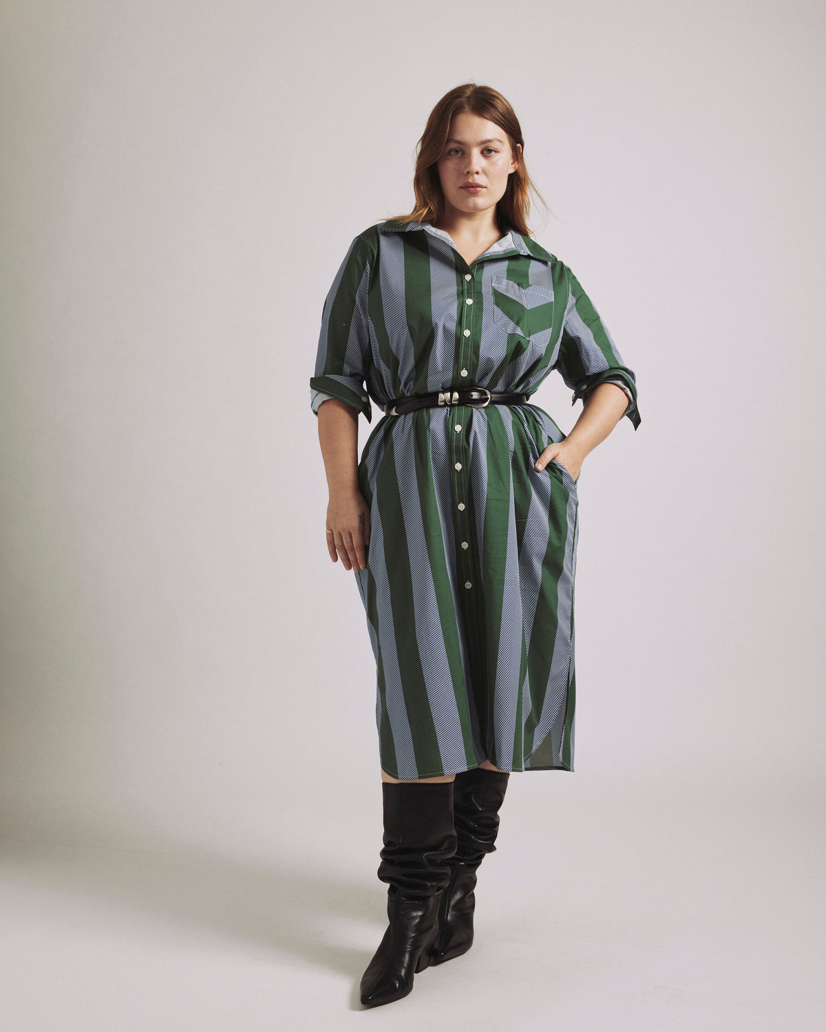 Odeon Stretch Poplin Shirtdress - Green/Blue Directional Stripe | Plus Size & Straight Size Women's Fashion | Universal Standard