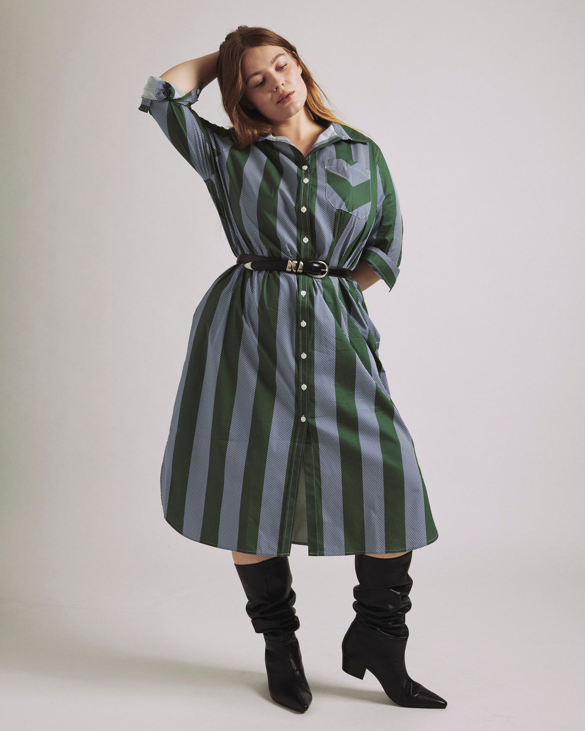 Odeon Stretch Poplin Shirtdress - Green/Blue Directional Stripe | Plus Size & Straight Size Women's Fashion | Universal Standard