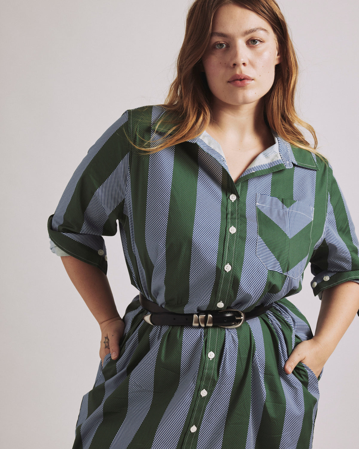 Odeon Stretch Poplin Shirtdress - Green/Blue Directional Stripe | Plus Size & Straight Size Women's Fashion | Universal Standard