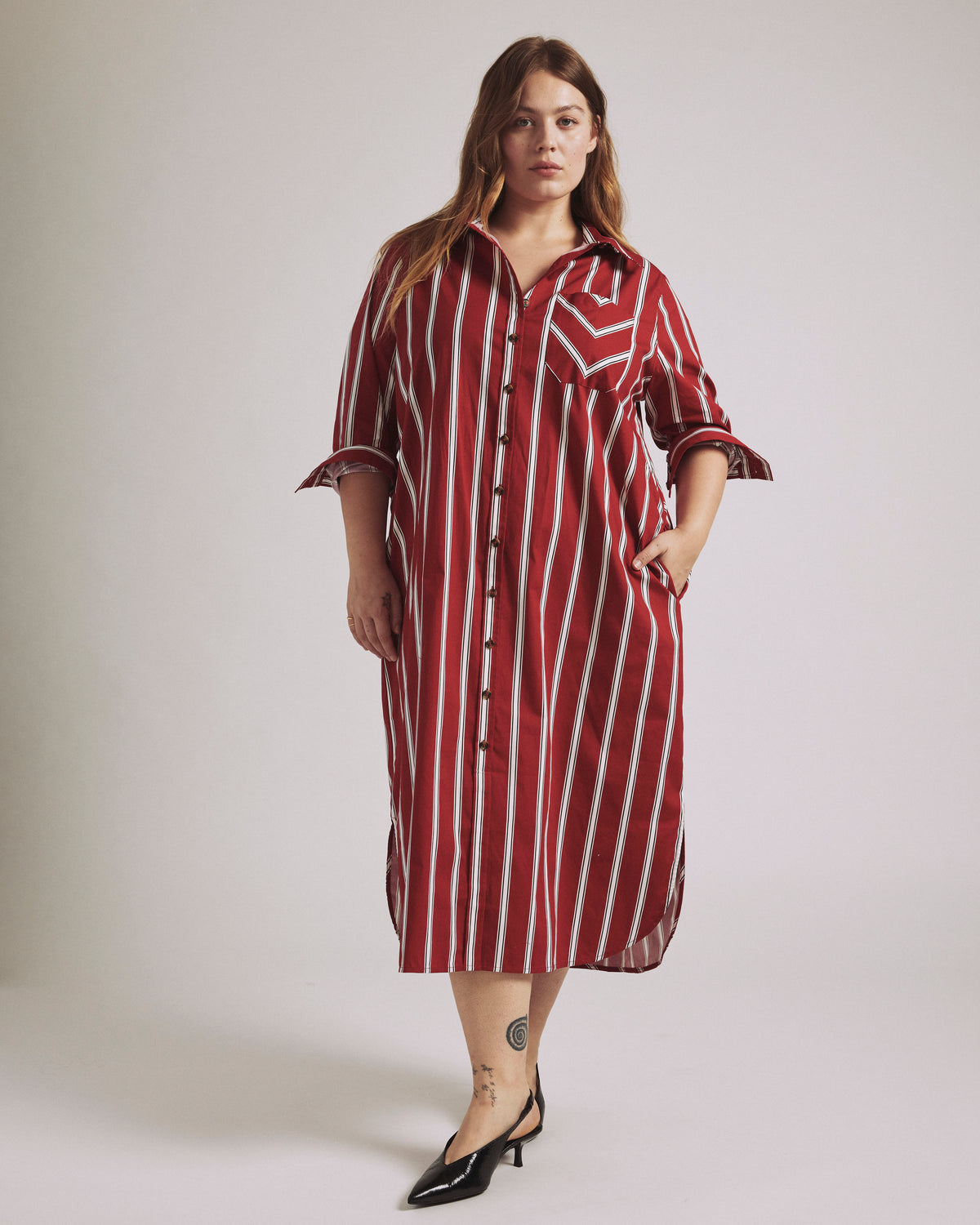 Odeon Stretch Poplin Shirtdress - Red/Black/White Stripe | Plus Size & Straight Size Women's Fashion | Universal Standard