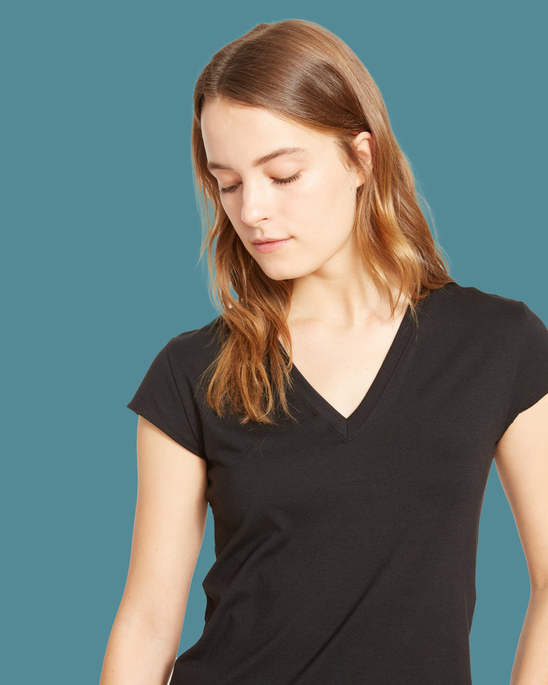 Ashley V Neck Cap Sleeve Tee - Black