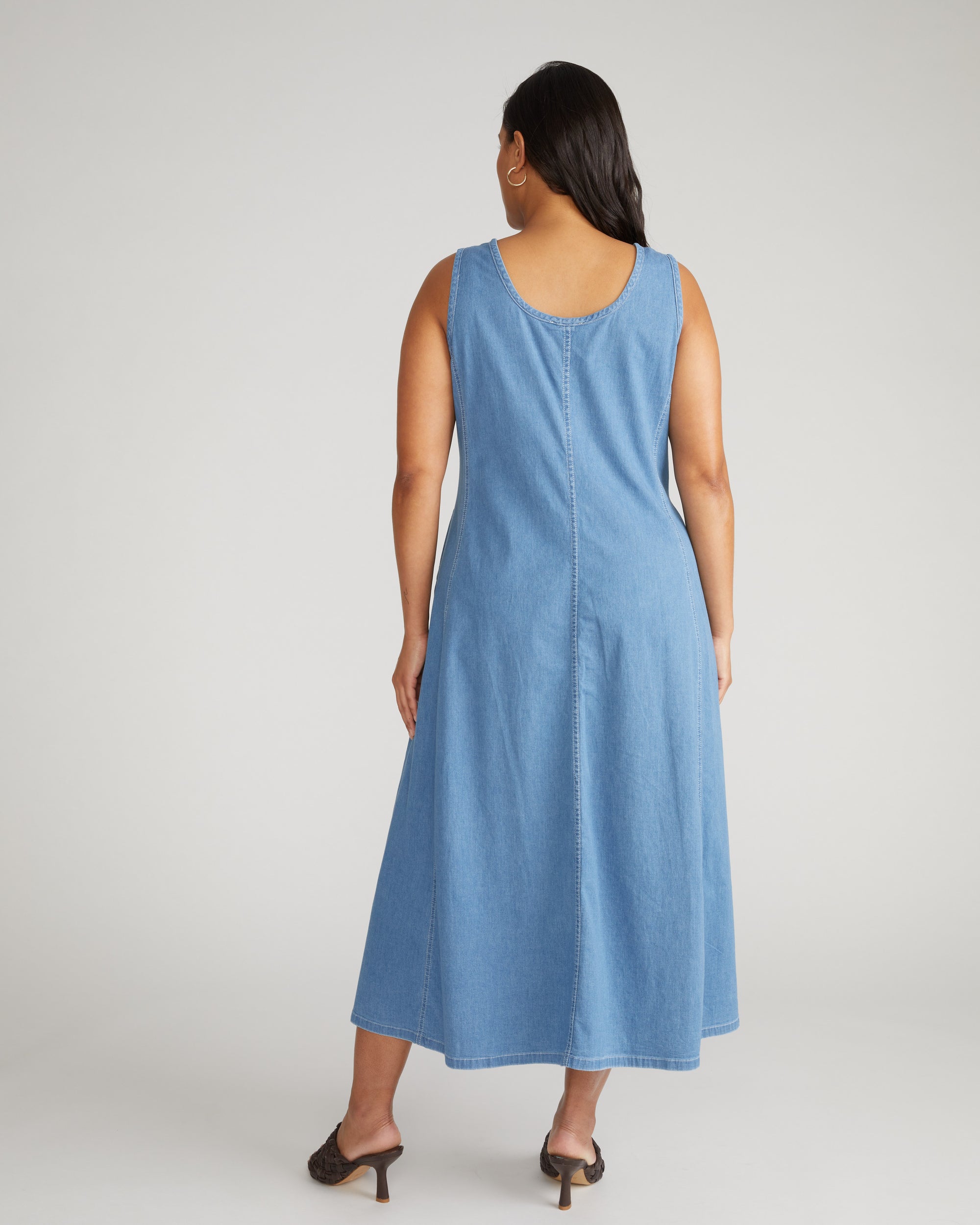 Woman wearing Kendra Cotton Chambray Tank Dress - Cove Blue from Universal Standard
