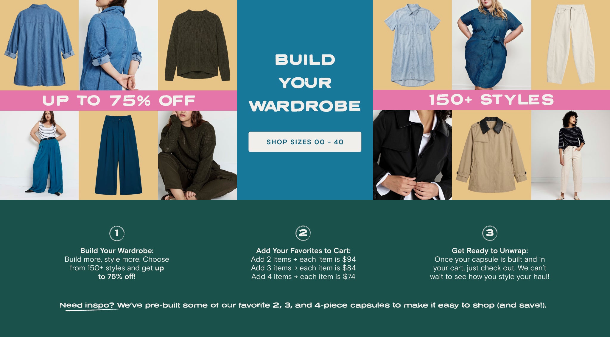 build your wardrobe - up to 75% off - 150+ stles
