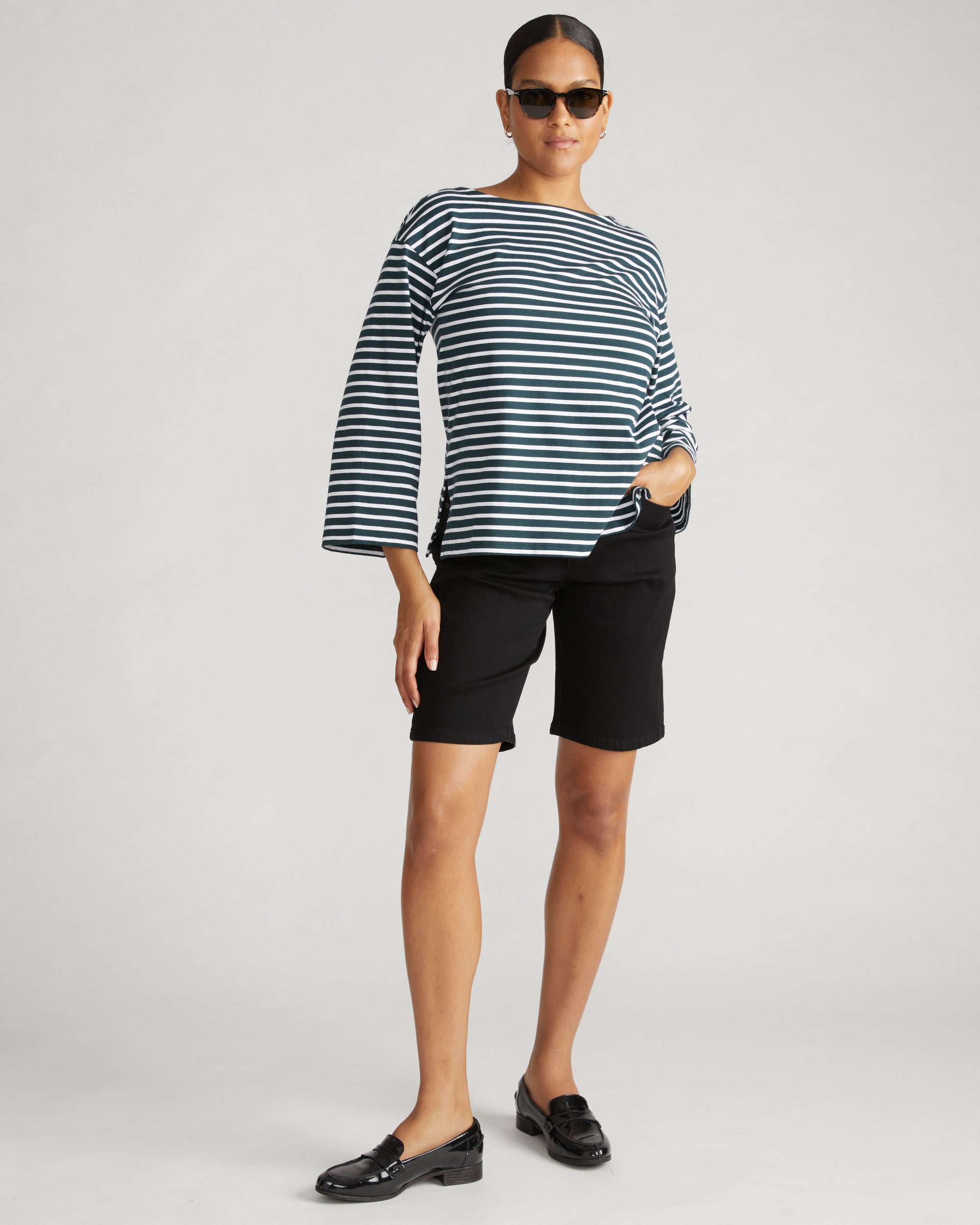 Montauk Breton Stripe Bell Sleeve Top - Deep Sea/White Stripe