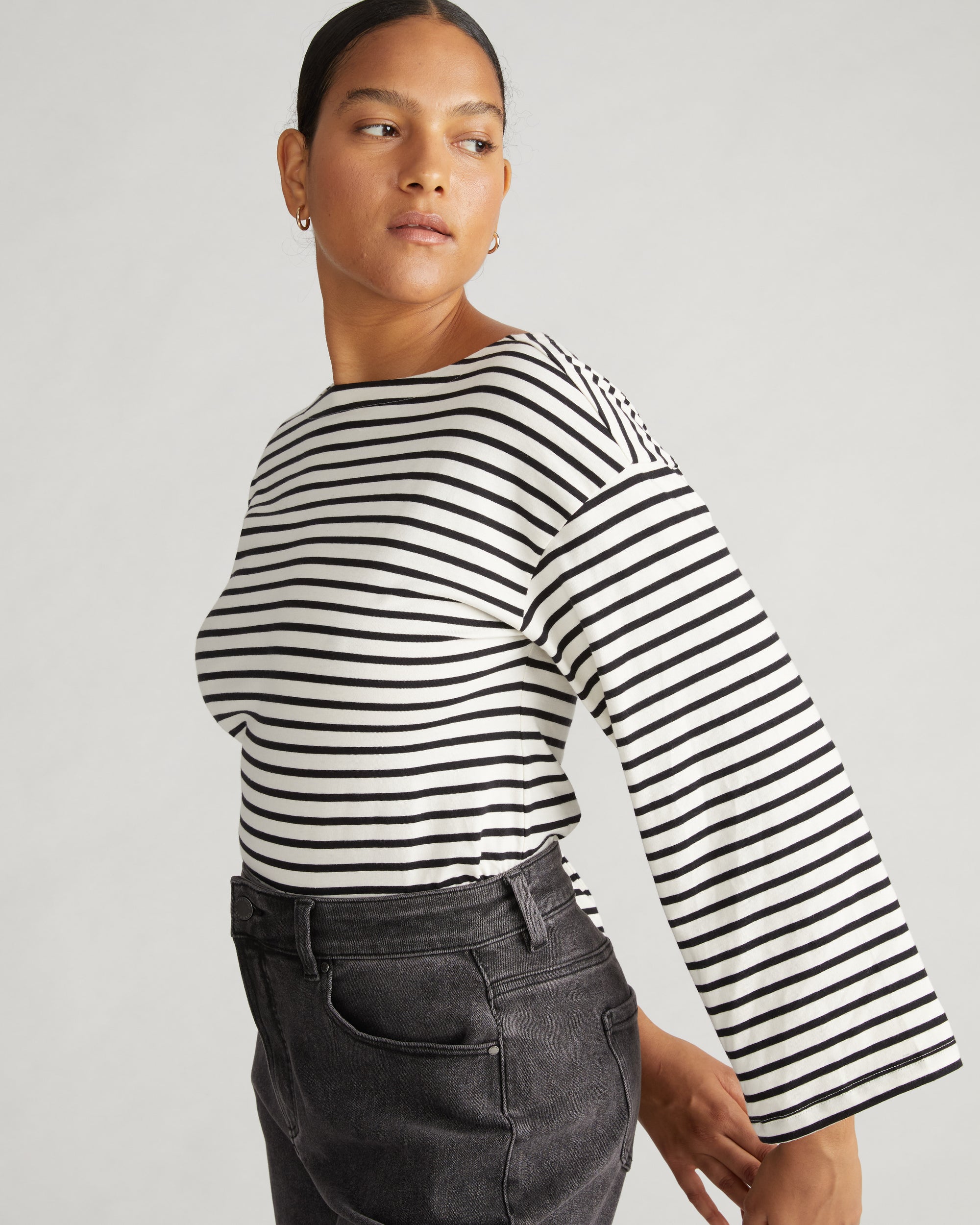 Montauk Breton Stripe Bell Sleeve Top - Ecru/Black Stripe