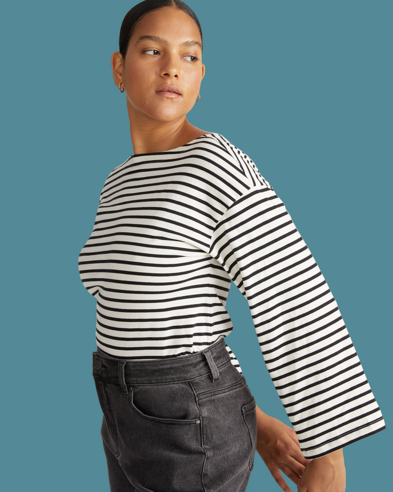 Montauk Breton Stripe Bell Sleeve Top - Ecru/Black Stripe