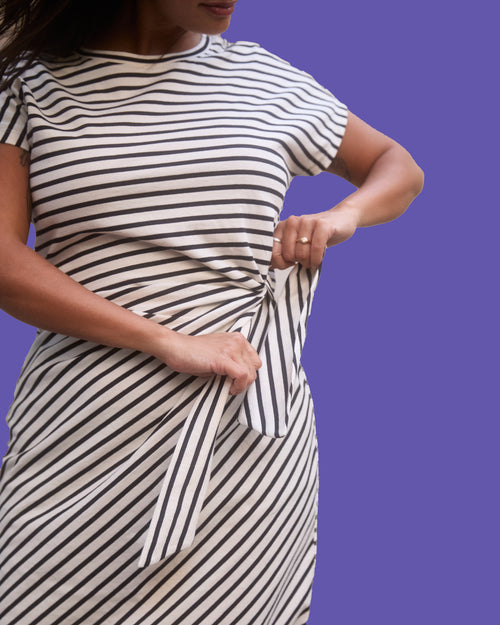 Crescent Breton Stripe Knot Dress - Ecru/Black Stripe