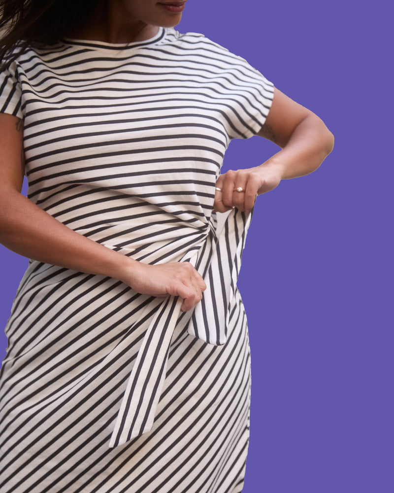 Crescent Breton Stripe Knot Dress - Ecru/Black Stripe