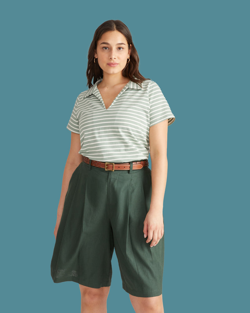 Cecile Breton Stripe Polo - Sage/Ecru Stripe