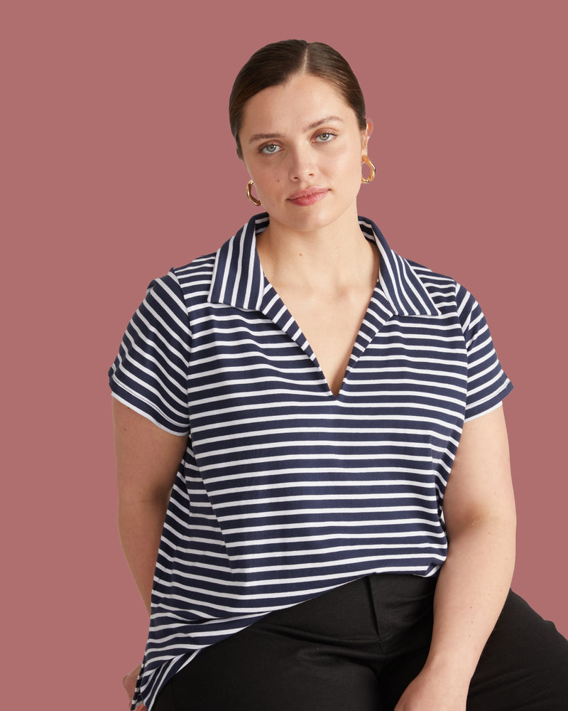 Cecile Breton Stripe Polo - Navy/White Stripe