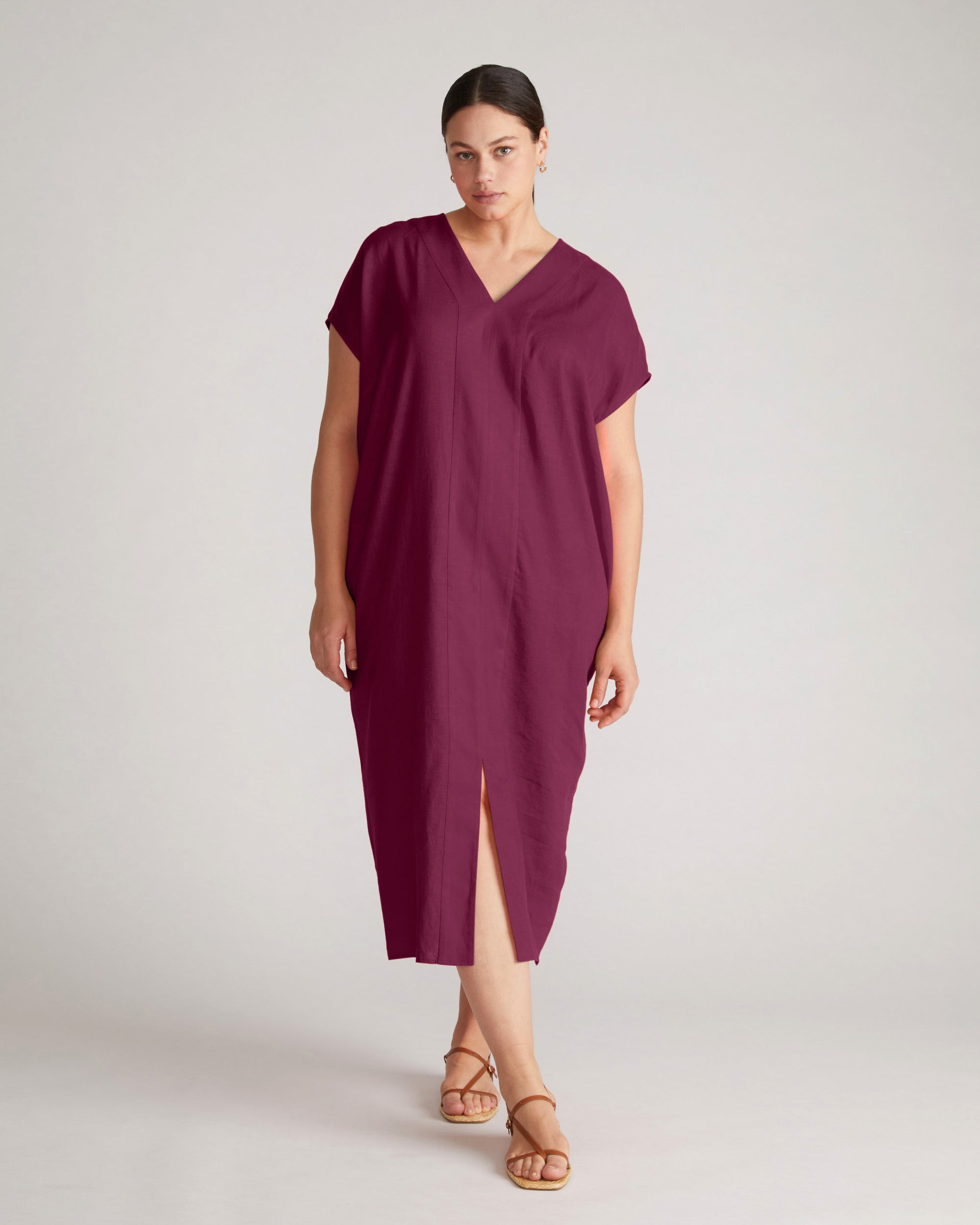 Woman wearing Cabana Linen Kaftan - Acai from Universal Standard