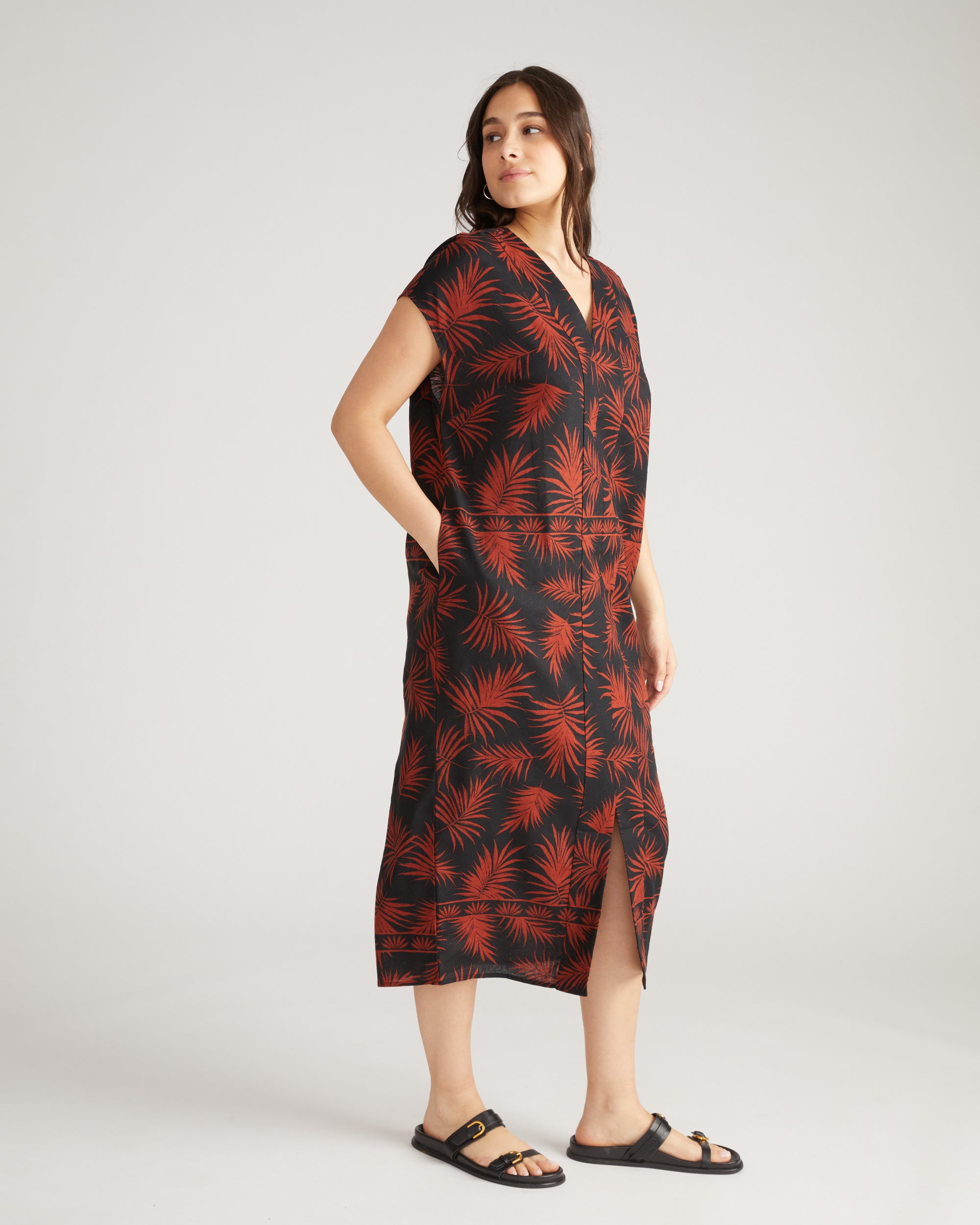 linen-blend kaftan midi dress Cabana Linen Blend Kaftan - / Bohem Print- Size2XS