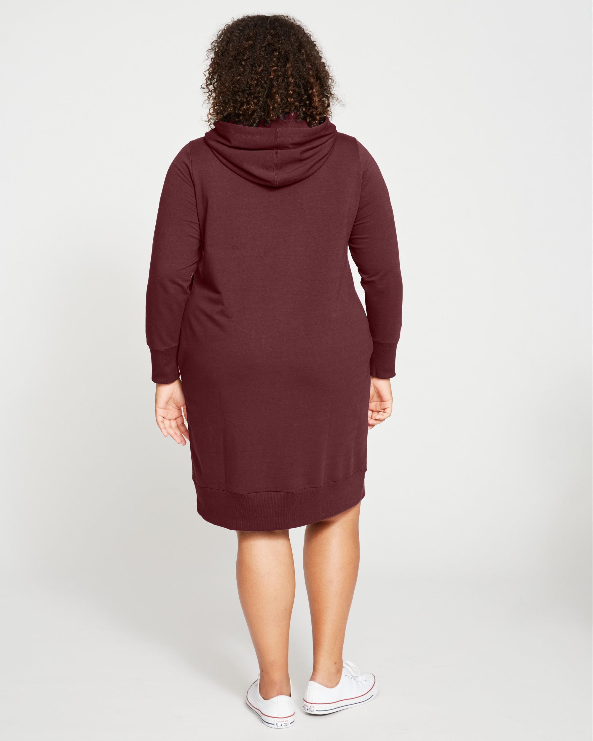 Woman wearing Bree Hooded Sweatshirt Dress - Black Cherry from Universal Standard