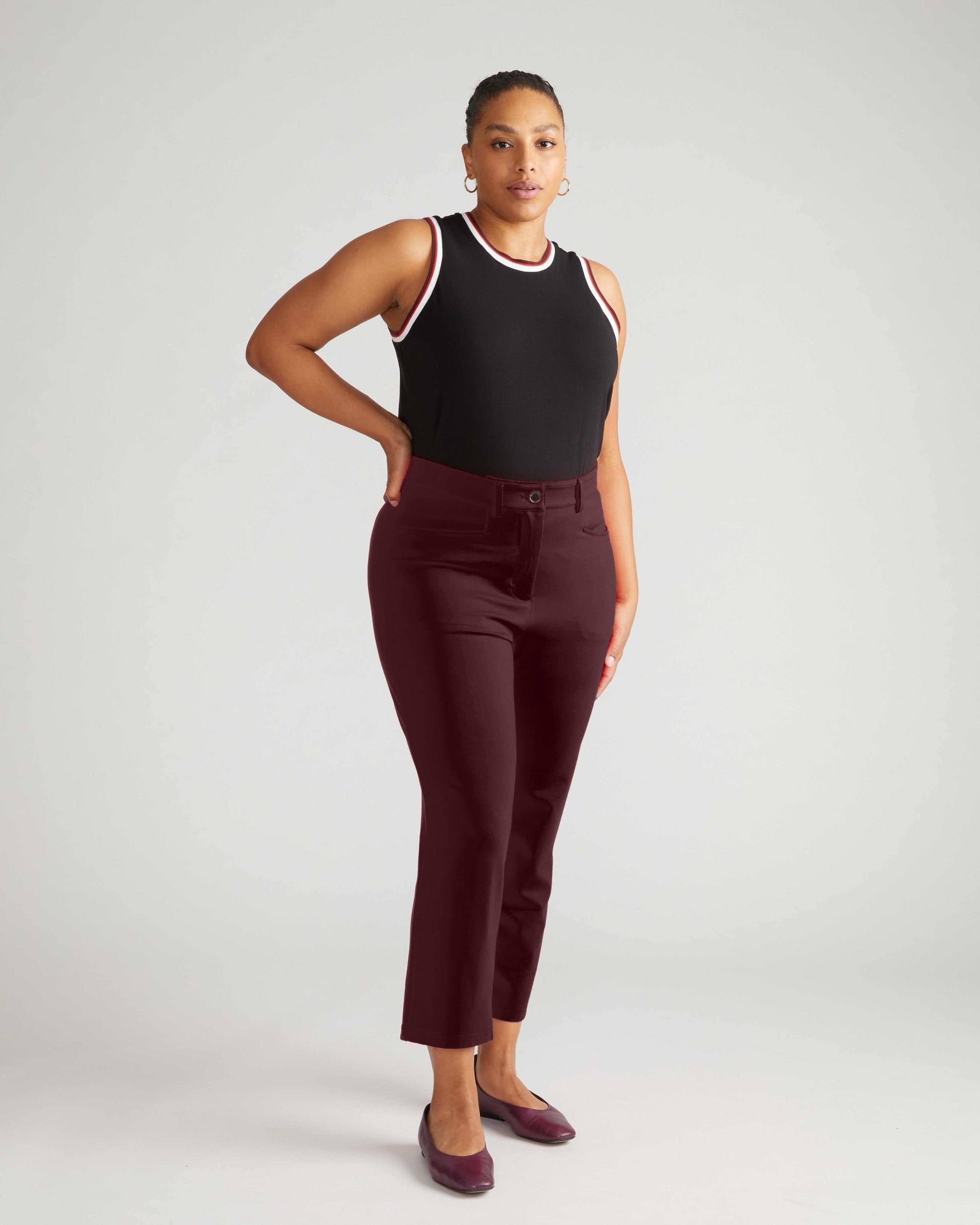 Woman wearing Long Cigarette Ponte Pants - Black Cherry from Universal Standard