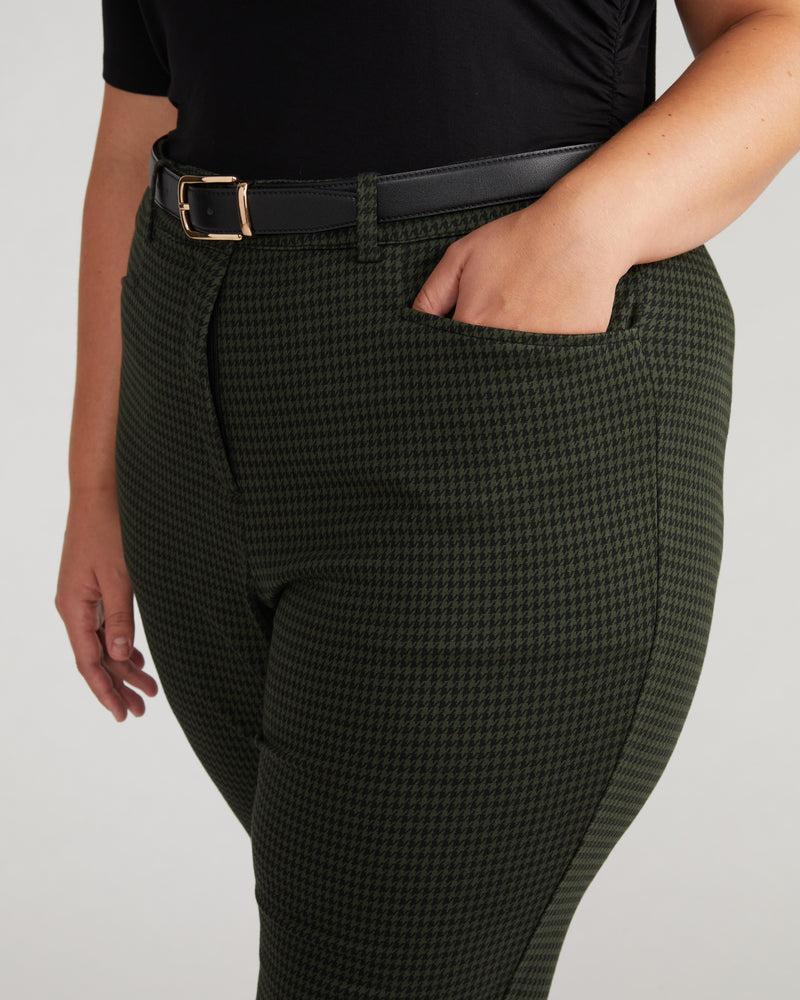 Long Cigarette Ponte Pants - Forest Houndstooth