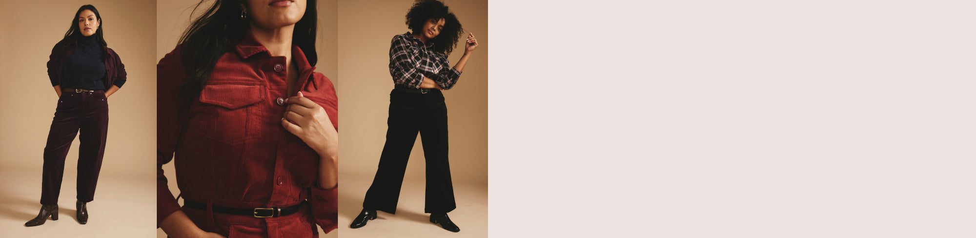 Model wearing styles from the Corduroy collection