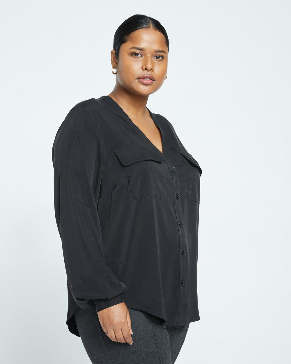 Cooling Stretch Cupro Button-Down Blouse - Black
