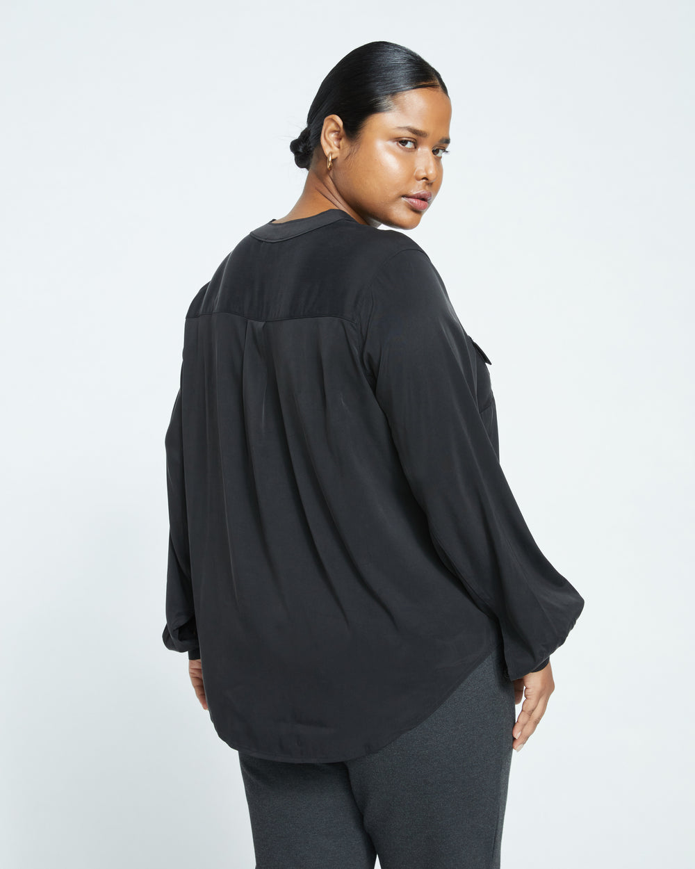 Cooling Stretch Cupro Button-Down Blouse - Black