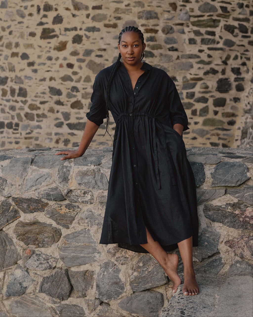 Universal Standard Women's Drawstring Waist Button-Up Linen Blend Shirtdress - Black