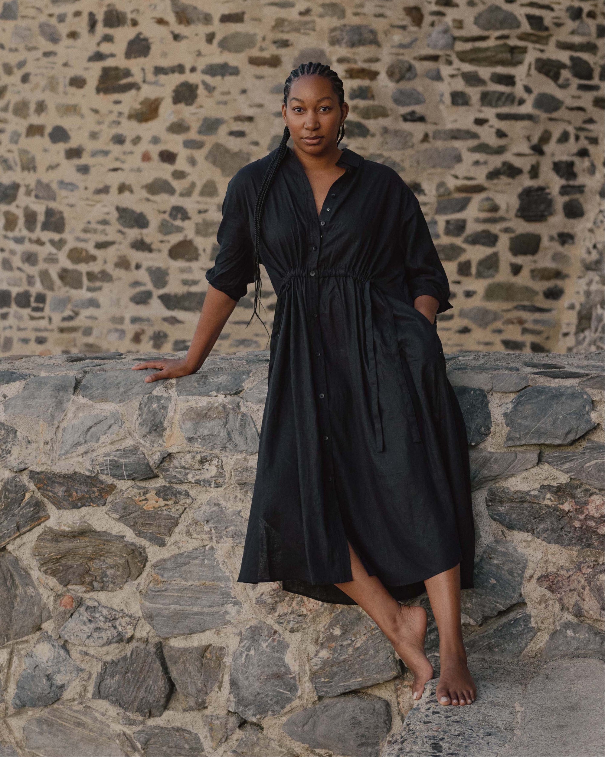 linen shirt dress black COS Women's Open-Collar Mini Shirt Dress in Black | Linen