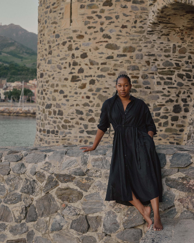 Paros Drawstring Linen Blend Shirtdress - Black
