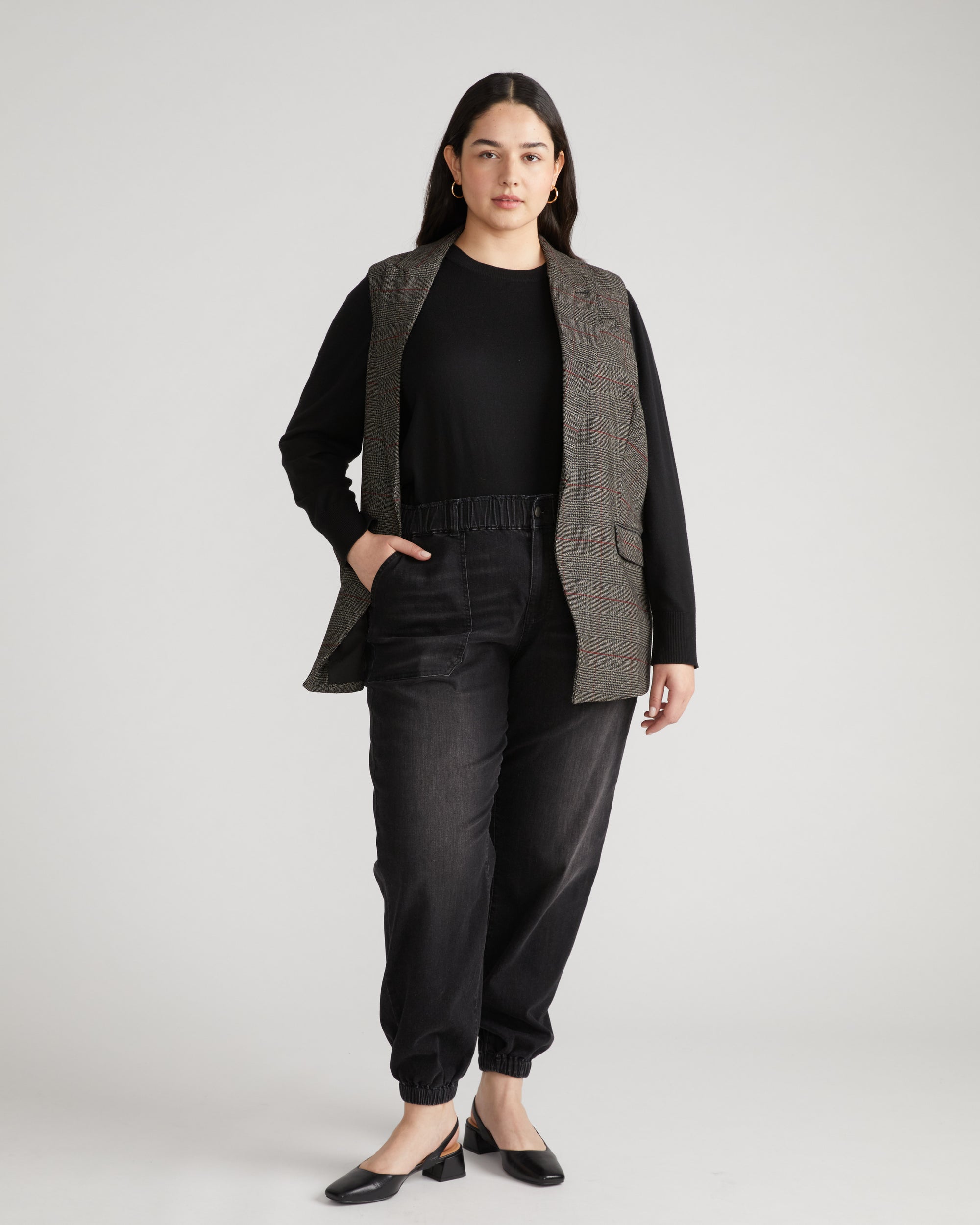 Woman wearing ComfortDenim Joggers - Washed Black from Overstock Sale