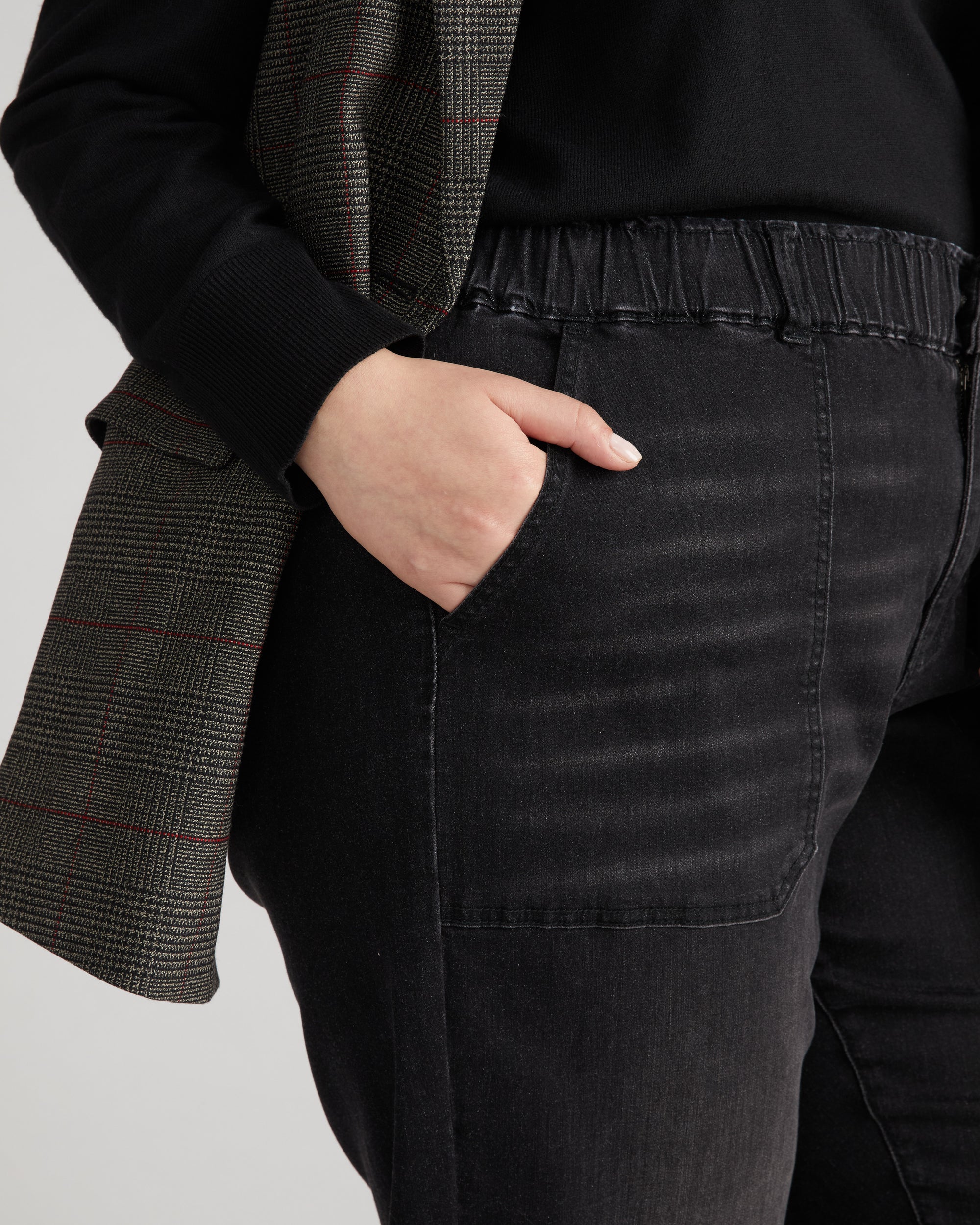 Woman wearing ComfortDenim Joggers - Washed Black from Overstock Sale