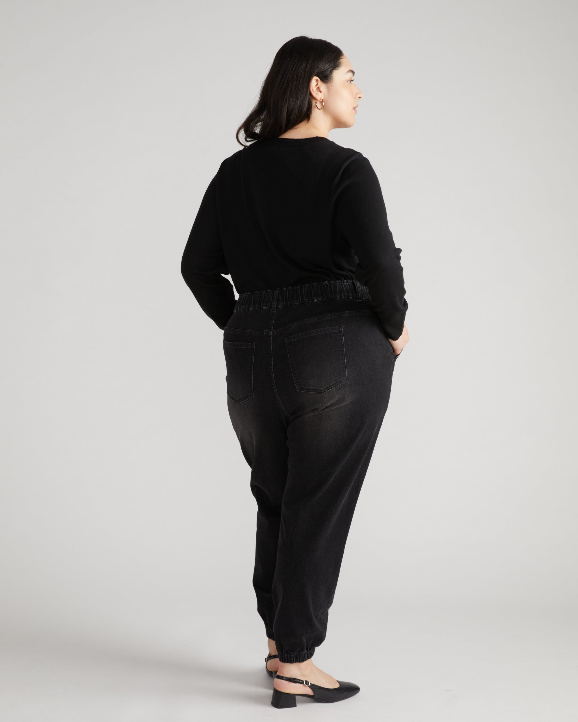 Woman wearing ComfortDenim Joggers - Washed Black from Overstock Sale