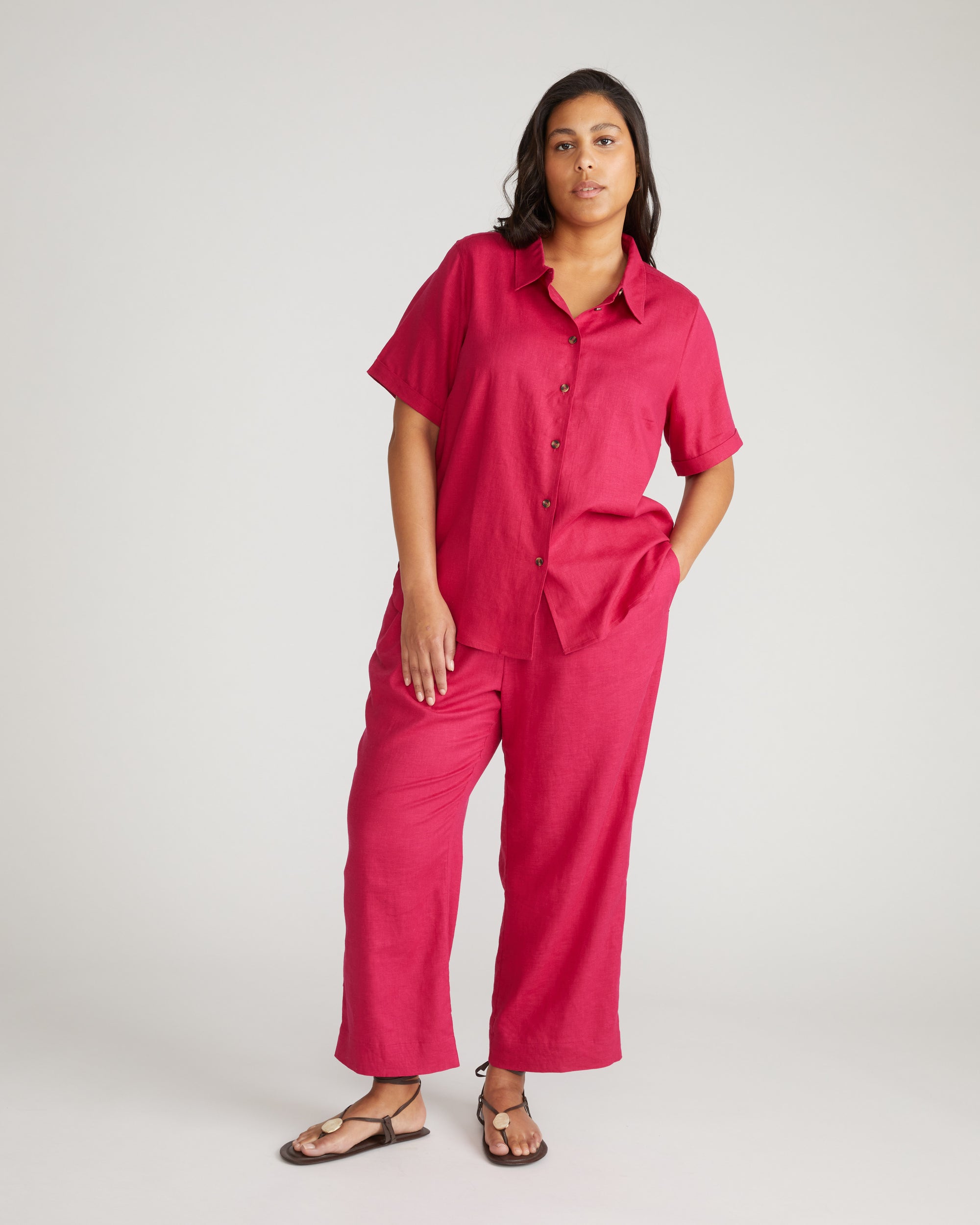 Dune Short Sleeve Linen Shirt - Cerise