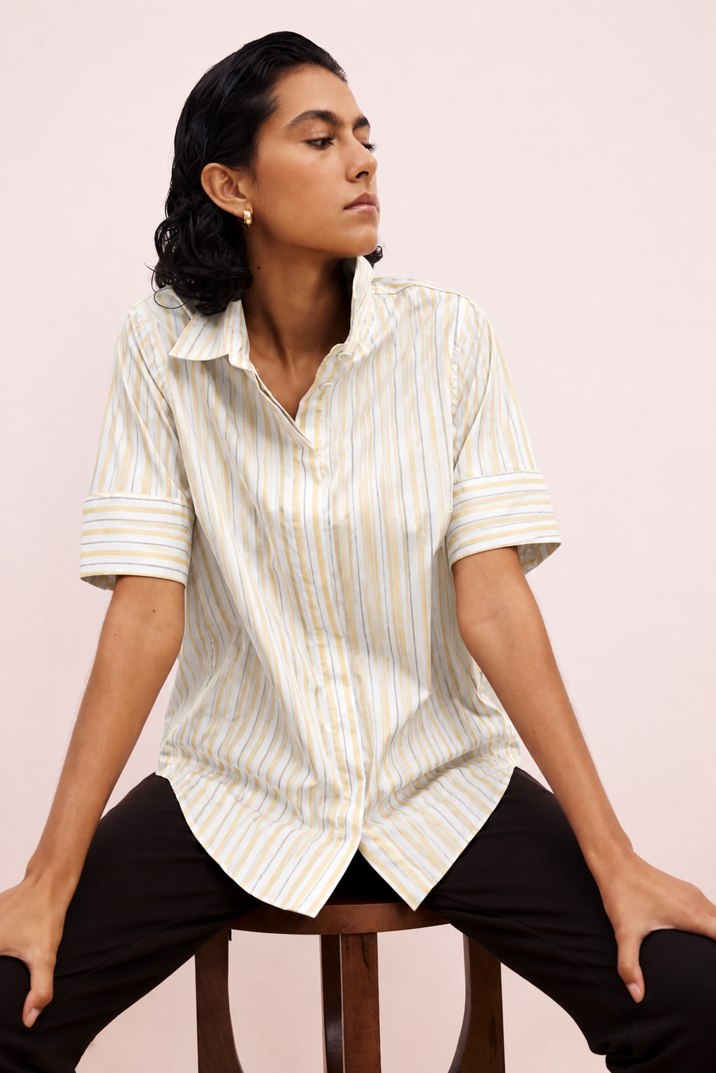 Elbe Stretch Poplin Short Sleeve Shirt - Yellow Multi Stripe | Plus Size & Straight Size Women's Fashion | Universal Standard