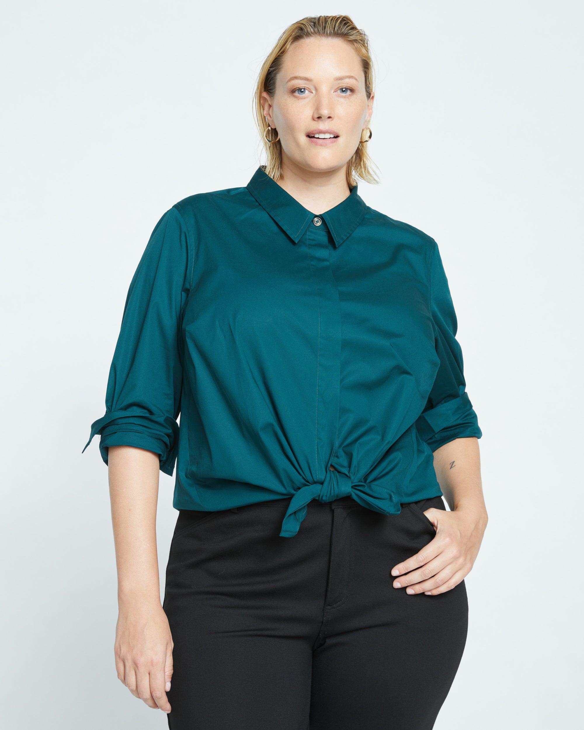 Woman wearing Elbe Stretch Poplin Shirt Classic Fit - Forest Green from Overstock Sale