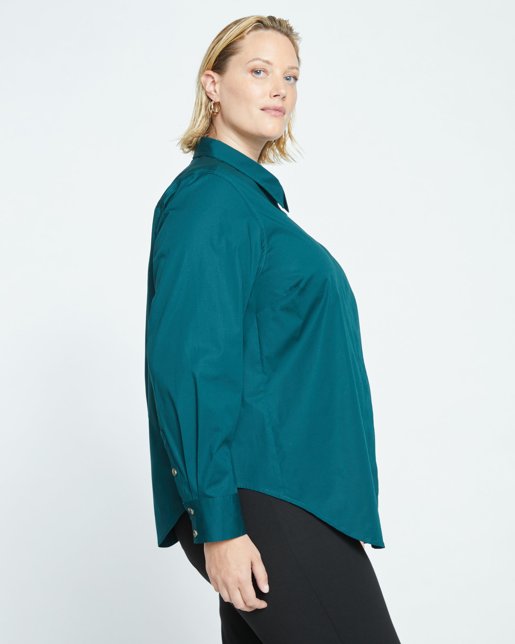 Woman wearing Elbe Stretch Poplin Shirt Classic Fit - Forest Green from Overstock Sale