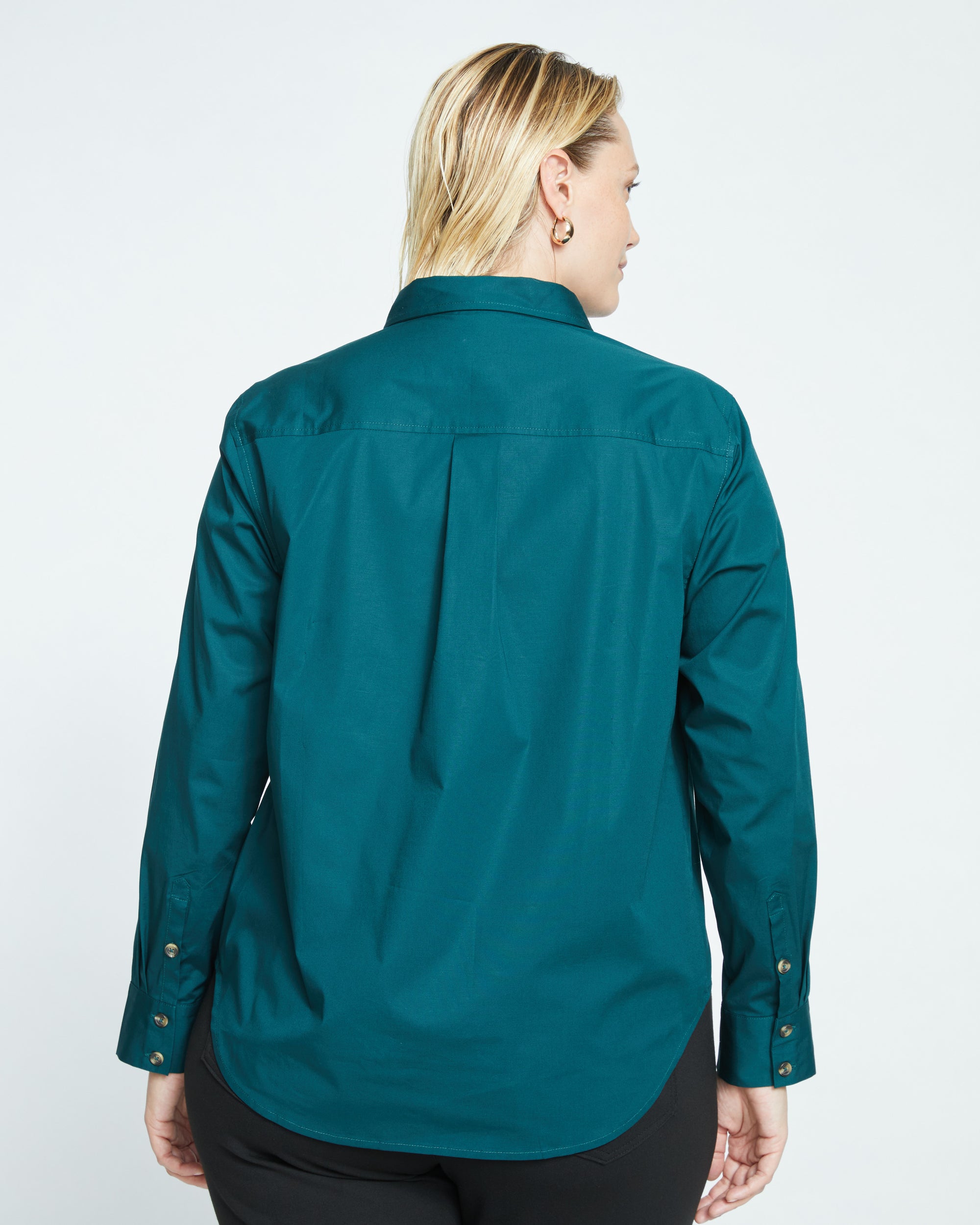 Woman wearing Elbe Stretch Poplin Shirt Classic Fit - Forest Green from Overstock Sale