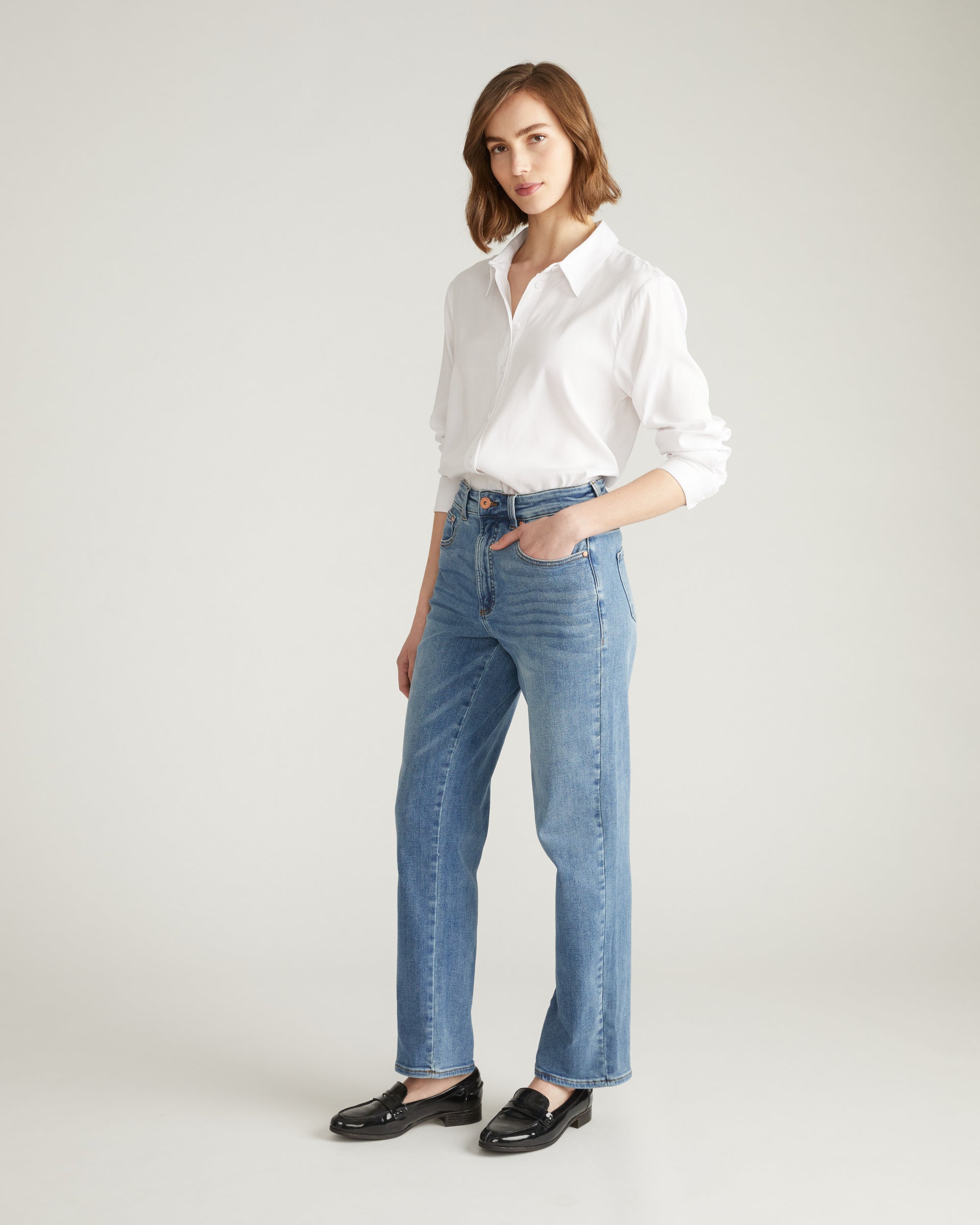 Etta High Rise Straight Leg Jeans 31 Inch - Distressed Washed Indigo