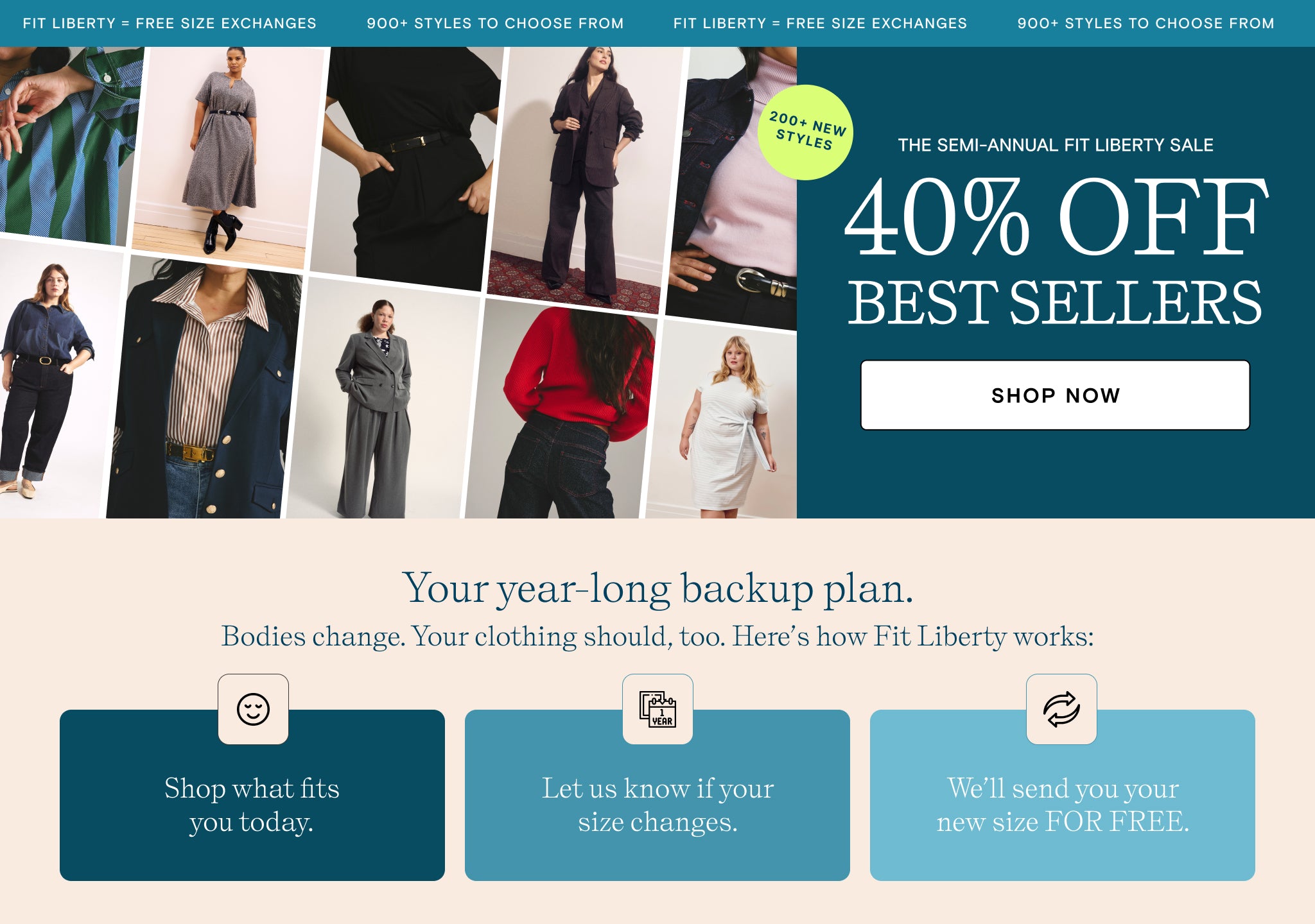 fit liberty = free size exchanges | 900+ styles to choose from. 200+ new styles | the semi-annual fit liberty sale - 40% off best sellers - shop now - your year long backup plan. bodies change your clothing should, too. here's how fit liberty works. Shop what fits you today. let us know if your size changes. we'll send you your new size for free.