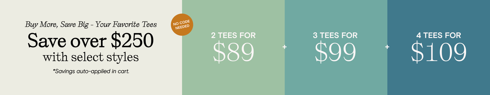 buy more save big your favorite tees - save over $250 with select styles - savings auto-applied at cart. 2 tees for 89. 3 tees for 99. 4 tees for 109. No code needed.