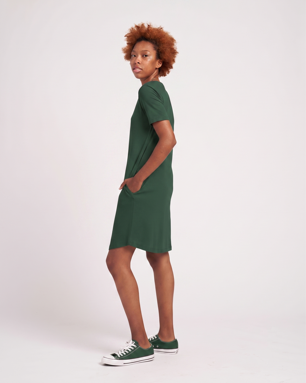 army green t shirt dress Halie T-Shirt - / Conifer- Size3XS Flutter Sleeve Smoocked Mini Dress subtle puff sleeves Markarian Rousseau Floral Brocade US Size:13