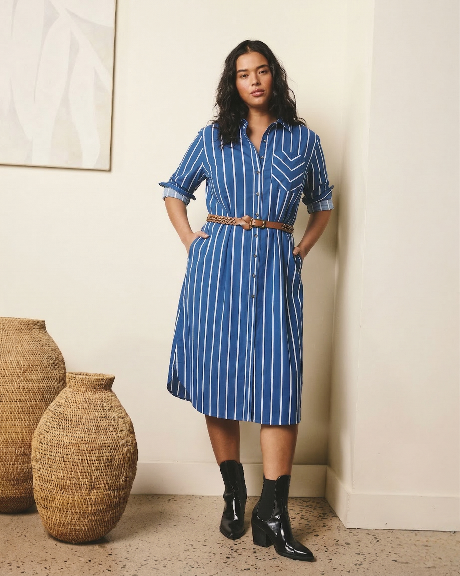 Woman wearing Odeon Stretch Poplin Shirtdress - Ensign Blue/White Stripe from Universal Standard